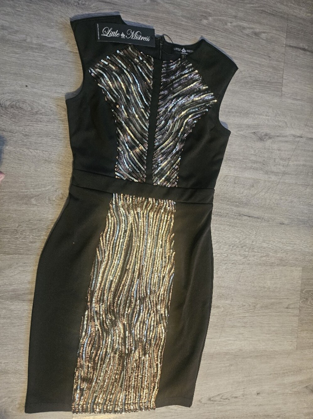 NWT Little Mistress Black Mini Dress W/ Gold Sequin And Shoulder Pads US Size 6